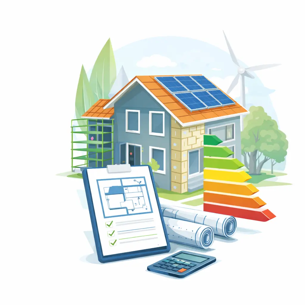 Energy-efficient home with solar panels, renovation planning and energy performance analysis